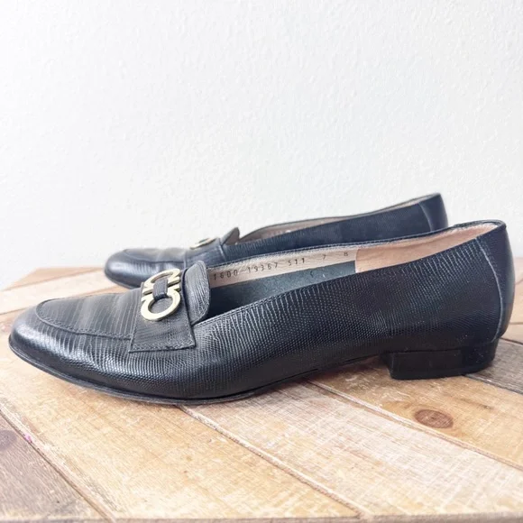 Salvador Ferragamo Black Loafers with Gold Accent - Picture 2 of 14